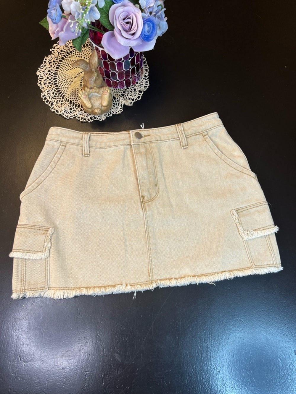 POL NWT Boutique Tan Cargo Denim Jean Micro Mini Skirt Sz M Trendy Festival